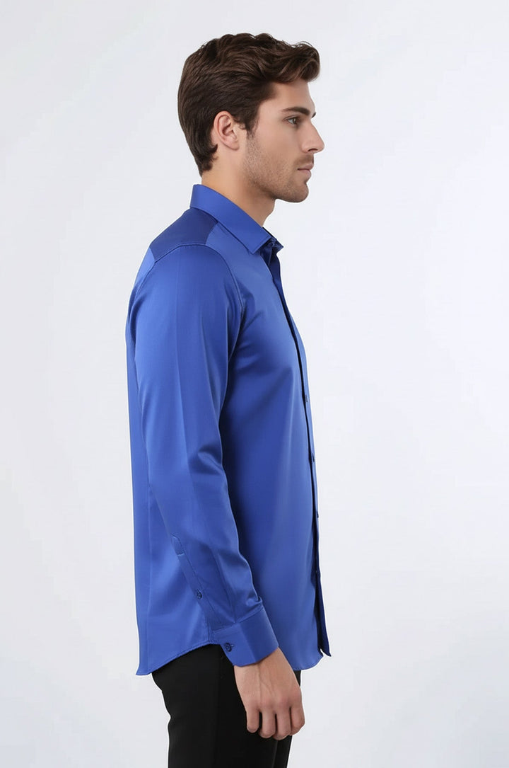 Camisa Hombre Algodón Satén Slim Fit Azul - Wessi