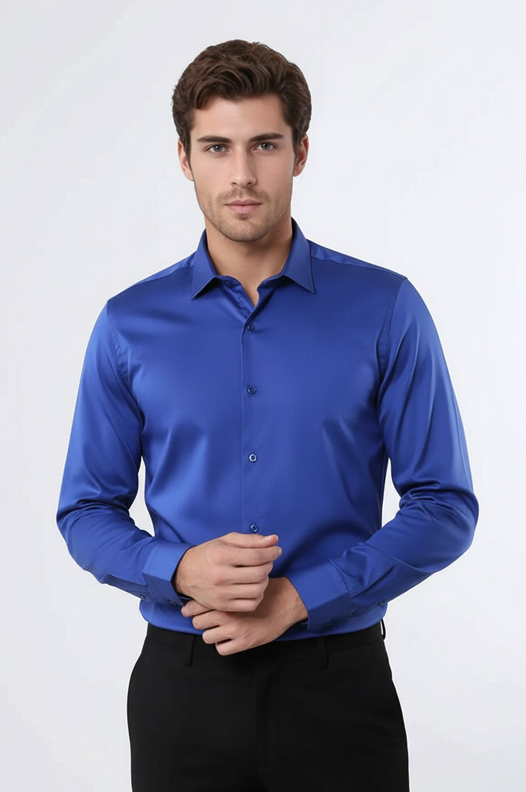 Camisa Hombre Algodón Satén Slim Fit Azul - Wessi