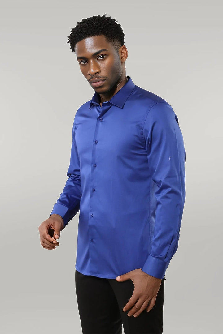 Camicia da uomo blu slim fit in raso di cotone - Wessi