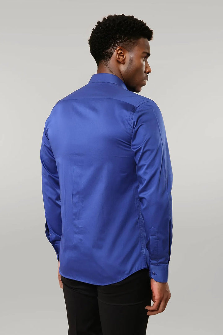 Camicia da uomo blu slim fit in raso di cotone - Wessi