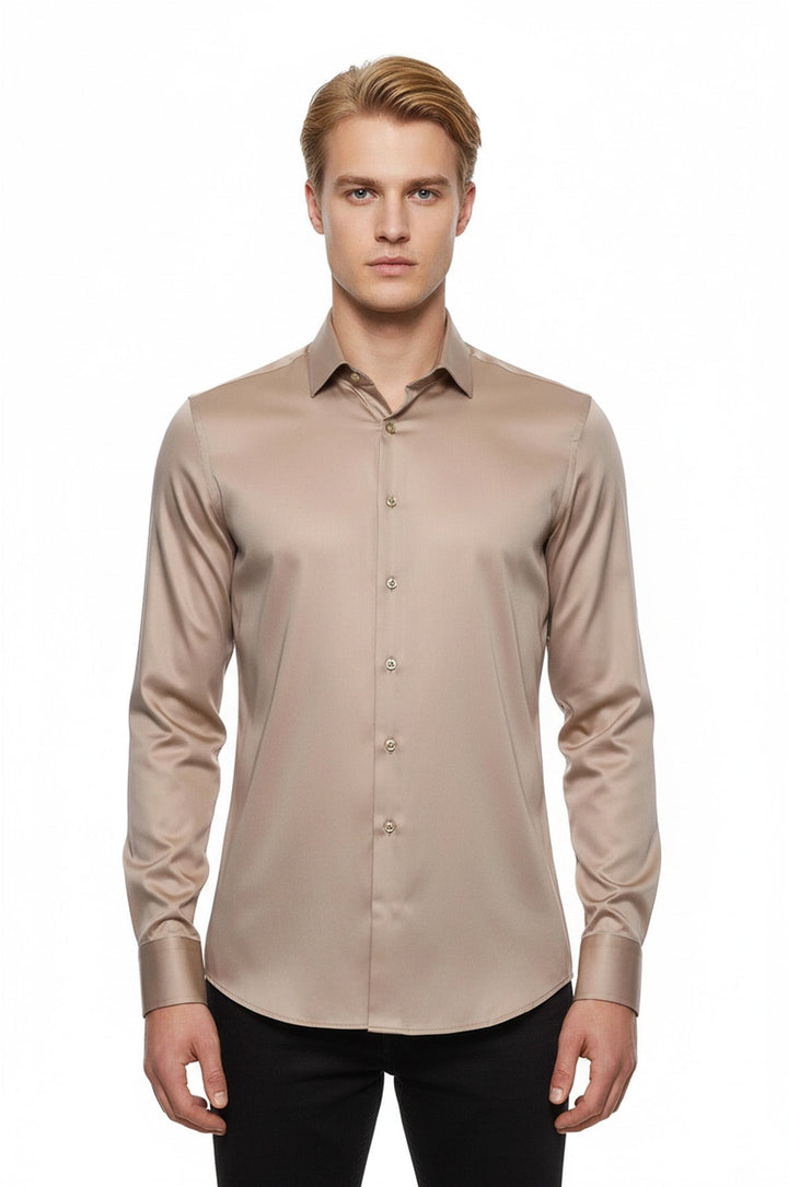 Camisa Hombre Algodón Satén Liso Manga Larga Slim Fit Beige - Wessi