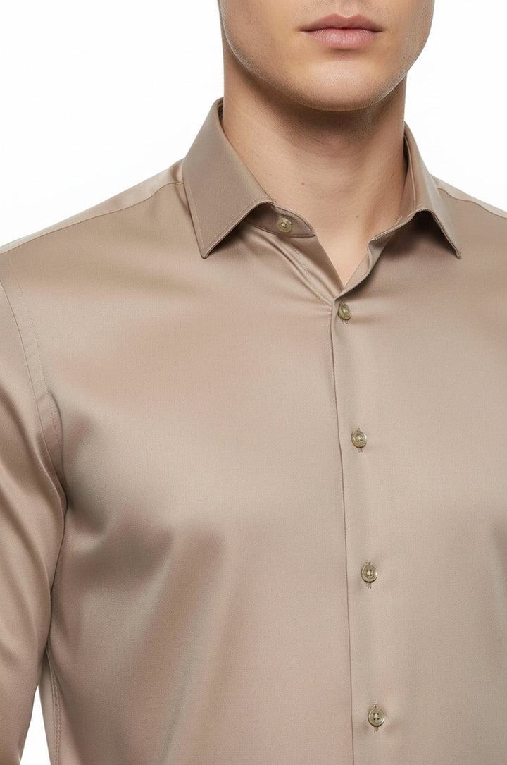 Camisa Hombre Algodón Satén Liso Manga Larga Slim Fit Beige - Wessi