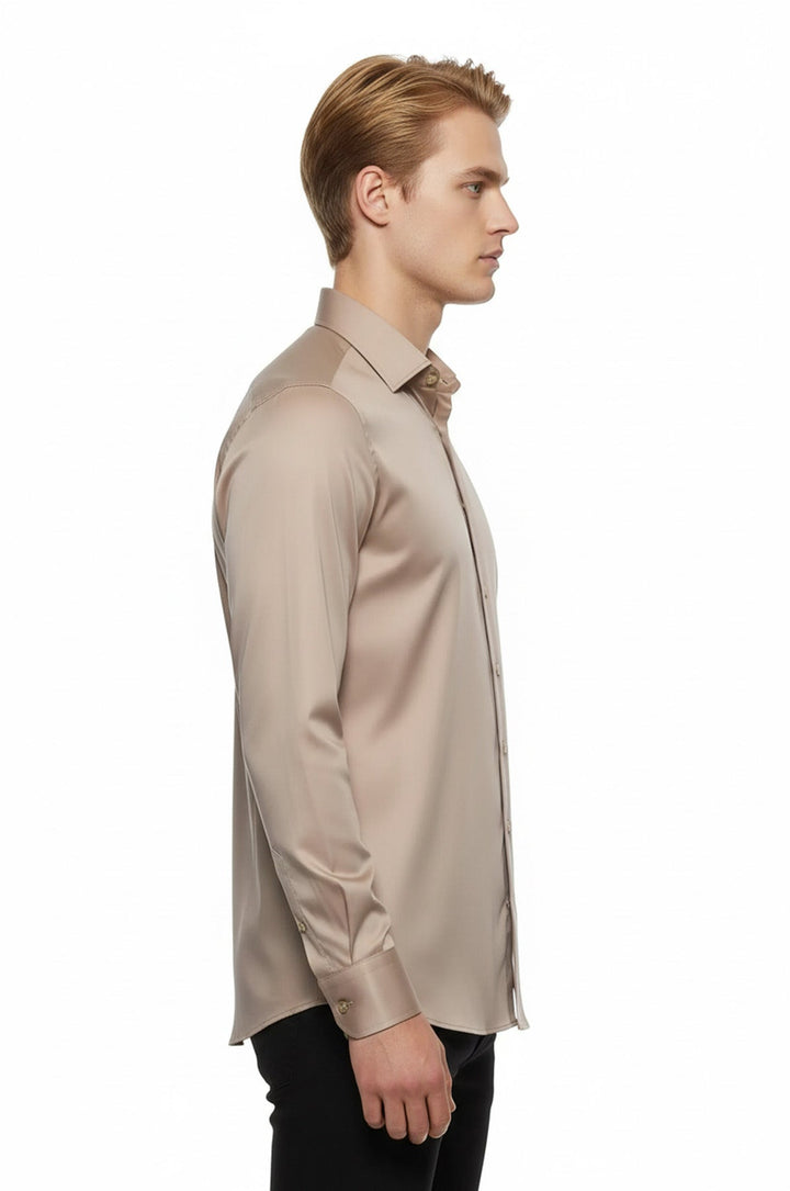 Camisa Hombre Algodón Satén Liso Manga Larga Slim Fit Beige - Wessi