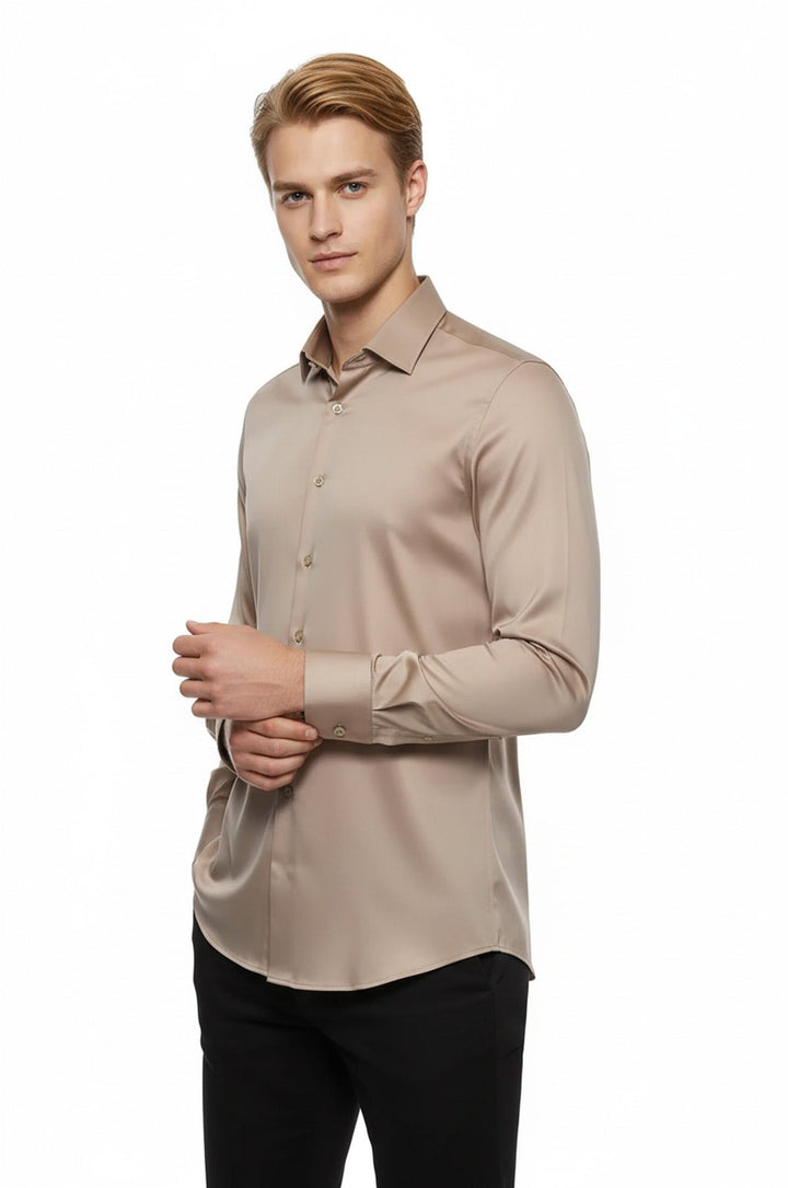 Camisa Hombre Algodón Satén Liso Manga Larga Slim Fit Beige - Wessi