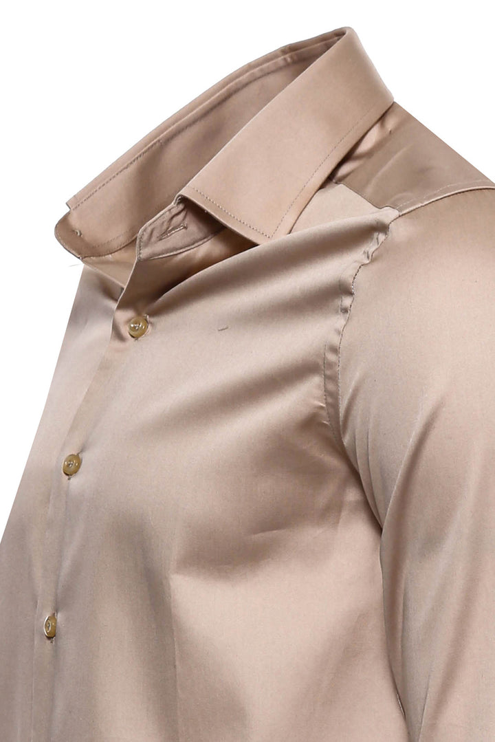 Cotton Satin Plain Long Sleeves Slim Fit Beige Men Shirt - Wessi