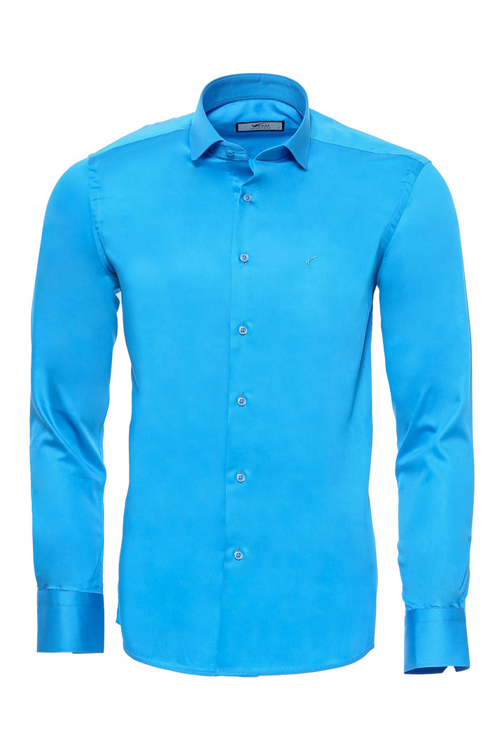 Camicia da uomo turchese slim fit in raso di cotone a maniche lunghe - Wessi