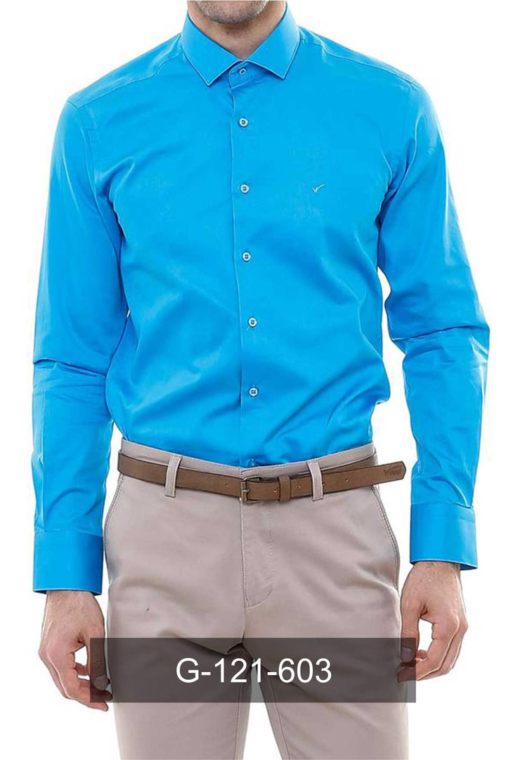 Long Sleeves Cotton Satin Slim Fit Turquoise Men Shirt - Wessi