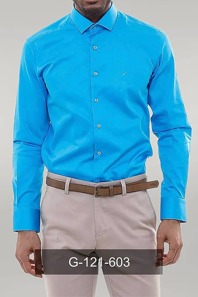 Camicia da uomo turchese slim fit in raso di cotone a maniche lunghe - Wessi