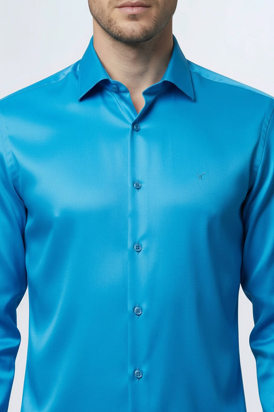 Long Sleeves Cotton Satin Slim Fit Turquoise Men Shirt - Wessi Wessi - Discover Diversity Long Sleeves Cotton Satin Slim Fit Turquoise Men Shirt - Wessi Wessi - Discover Diversity