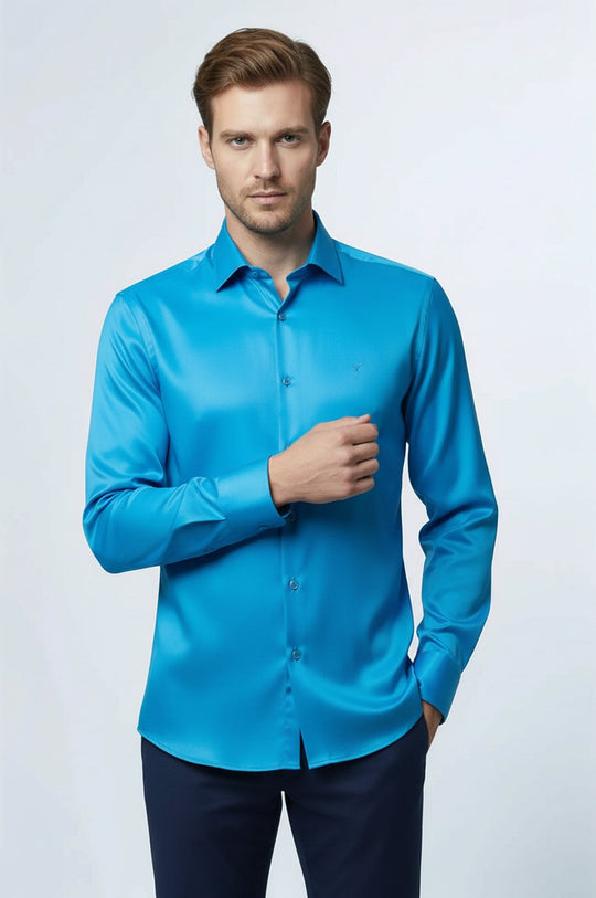 Long Sleeves Cotton Satin Slim Fit Turquoise Men Shirt - Wessi Wessi - Discover Diversity Long Sleeves Cotton Satin Slim Fit Turquoise Men Shirt - Wessi Wessi - Discover Diversity