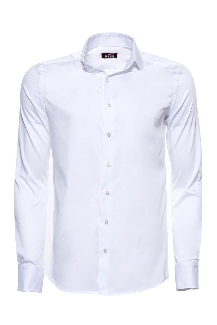 Cotton Satin Plain Slim Fit White Men Shirt - Wessi