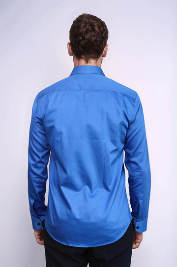 Синяя мужская рубашка приталенного кроя из хлопкового атласа - Wessi