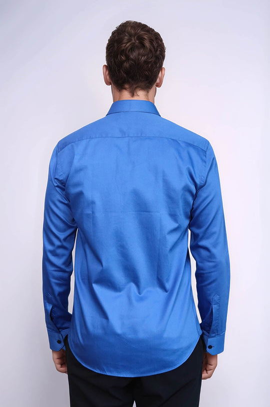 Синяя мужская рубашка приталенного кроя из хлопкового атласа - Wessi