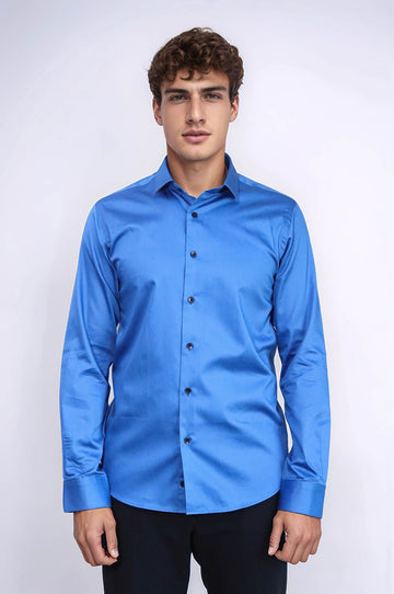 Синяя мужская рубашка приталенного кроя из хлопкового атласа - Wessi