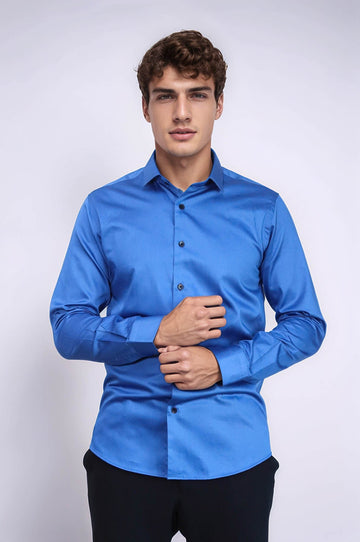 Синяя мужская рубашка приталенного кроя из хлопкового атласа - Wessi