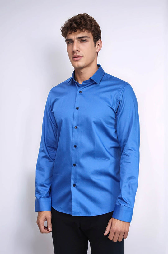 Синяя мужская рубашка приталенного кроя из хлопкового атласа - Wessi