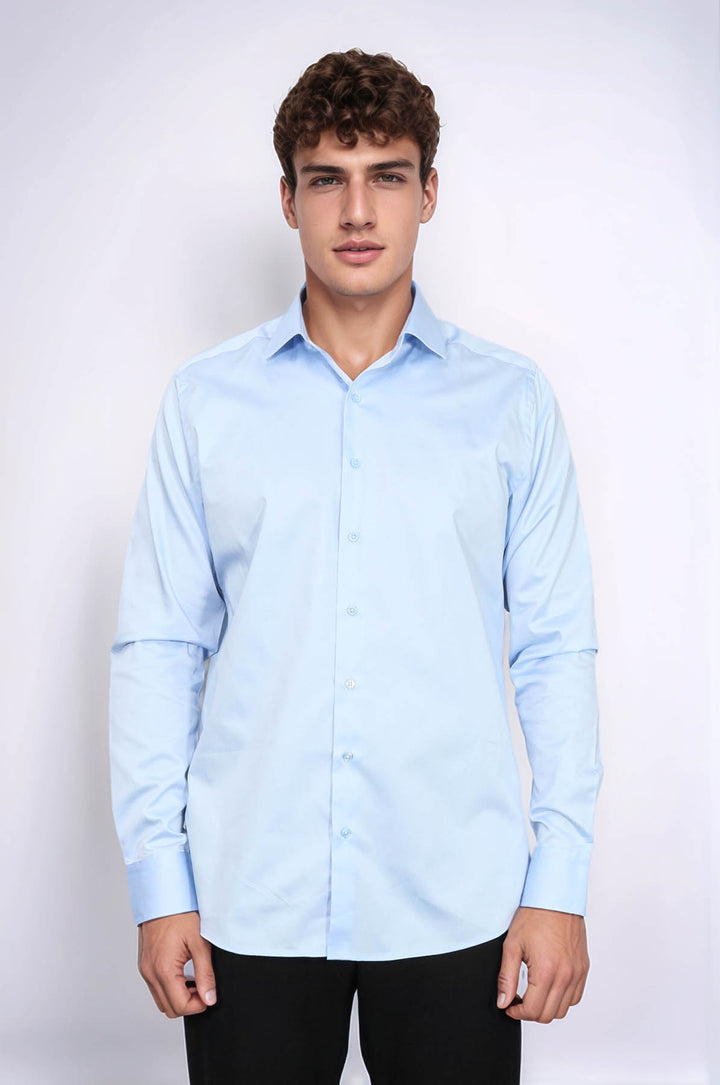 Camicia da uomo in raso di cotone azzurro cielo - Wessi