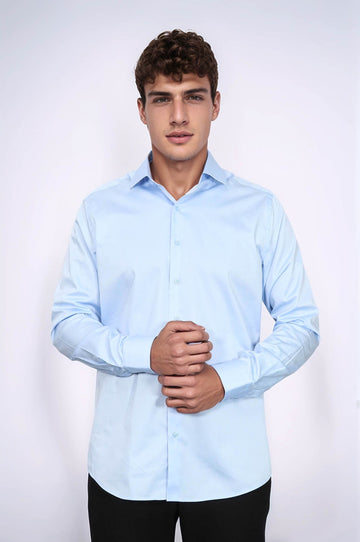قميص رجالي من القطن الساتان باللون الأزرق السماوي - ويسي