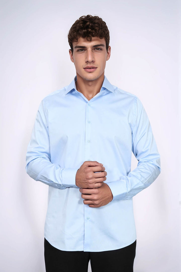 Camicia da uomo in raso di cotone azzurro cielo - Wessi