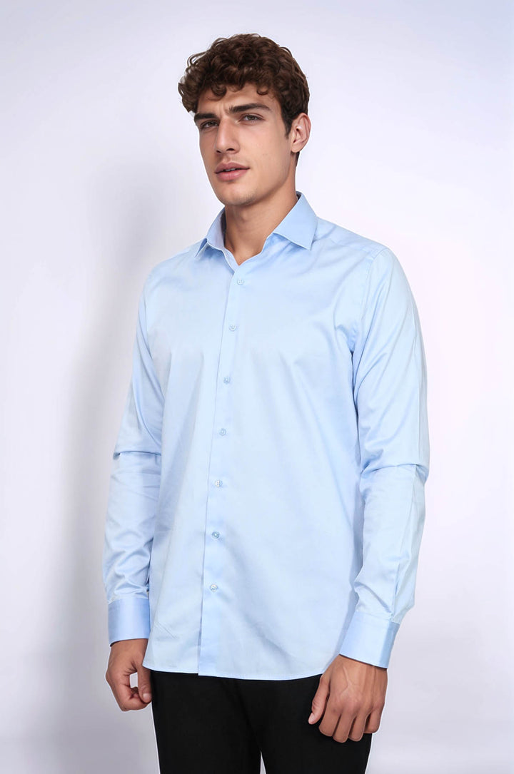 Camicia da uomo in raso di cotone azzurro cielo - Wessi