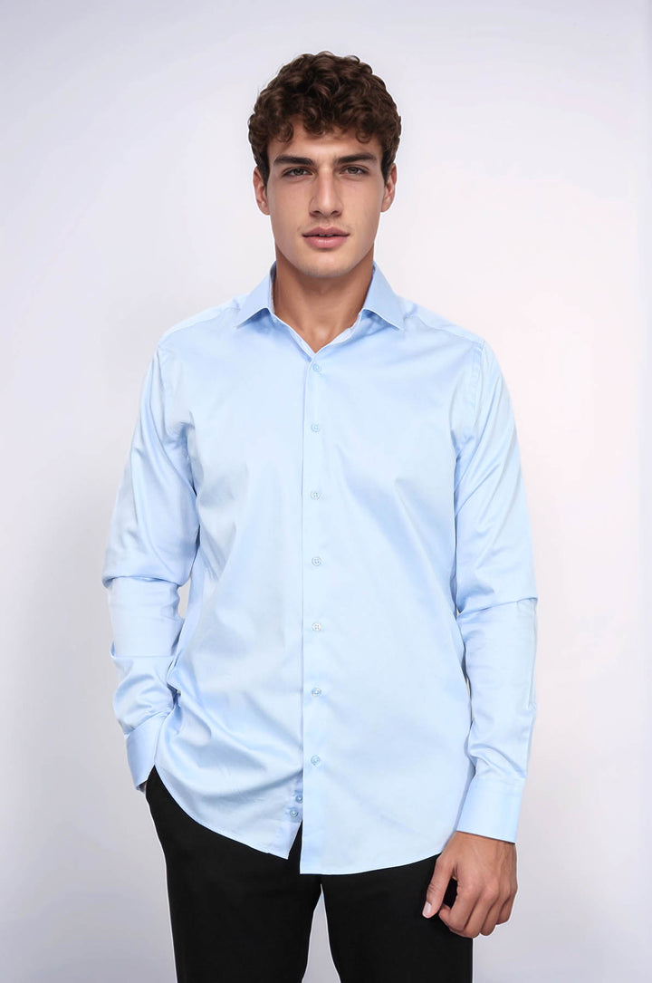 Camicia da uomo in raso di cotone azzurro cielo - Wessi