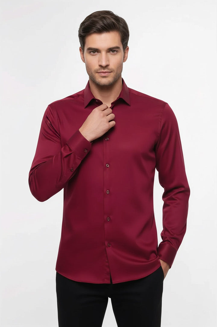 Camicia da uomo bordeaux a maniche lunghe slim fit - Wessi