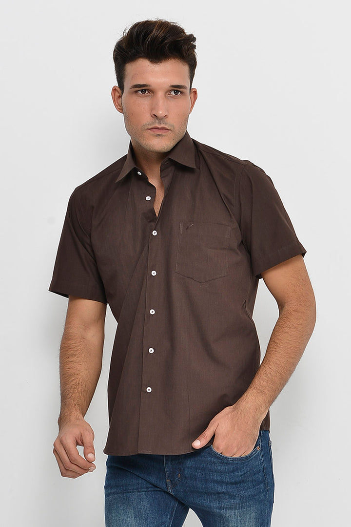 Plain Short Sleeves Brown Men Shirt - Wessi