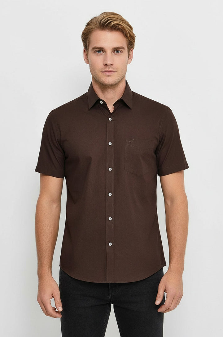 Plain Short Sleeves Brown Men Shirt - Wessi