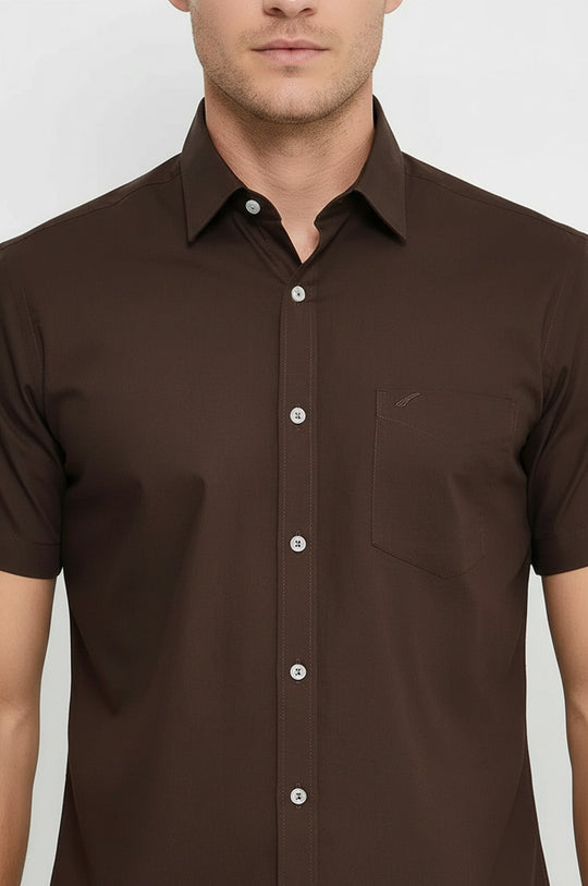 Plain Short Sleeves Brown Men Shirt - Wessi
