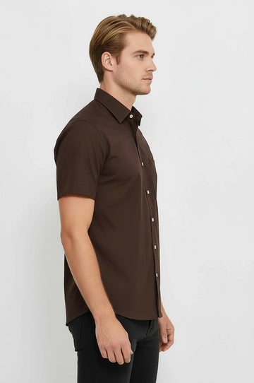 Plain Short Sleeves Brown Men Shirt - Wessi