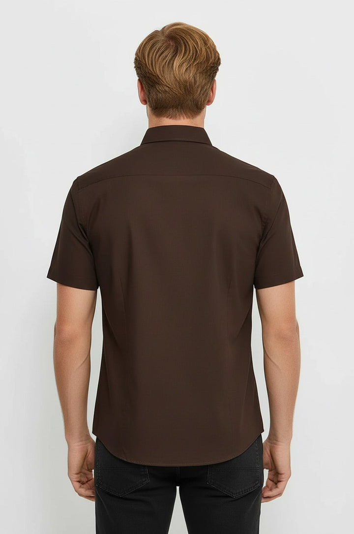 Plain Short Sleeves Brown Men Shirt - Wessi