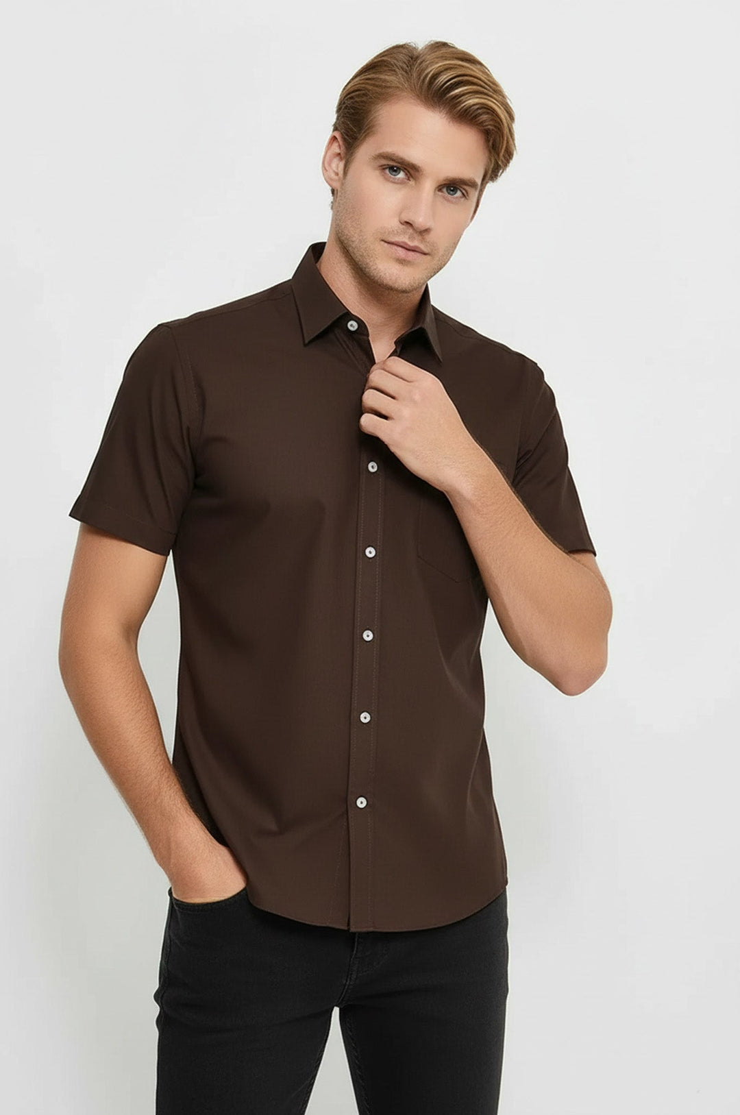 Plain Short Sleeves Brown Men Shirt - Wessi