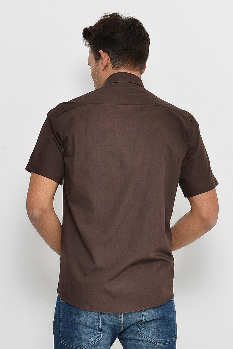 Plain Short Sleeves Brown Men Shirt - Wessi