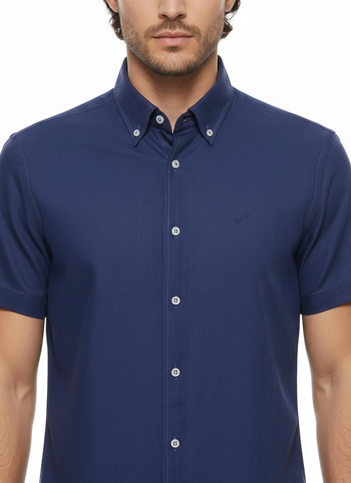Linen Blend Short Sleeves Navy Blue Men Shirt - Wessi