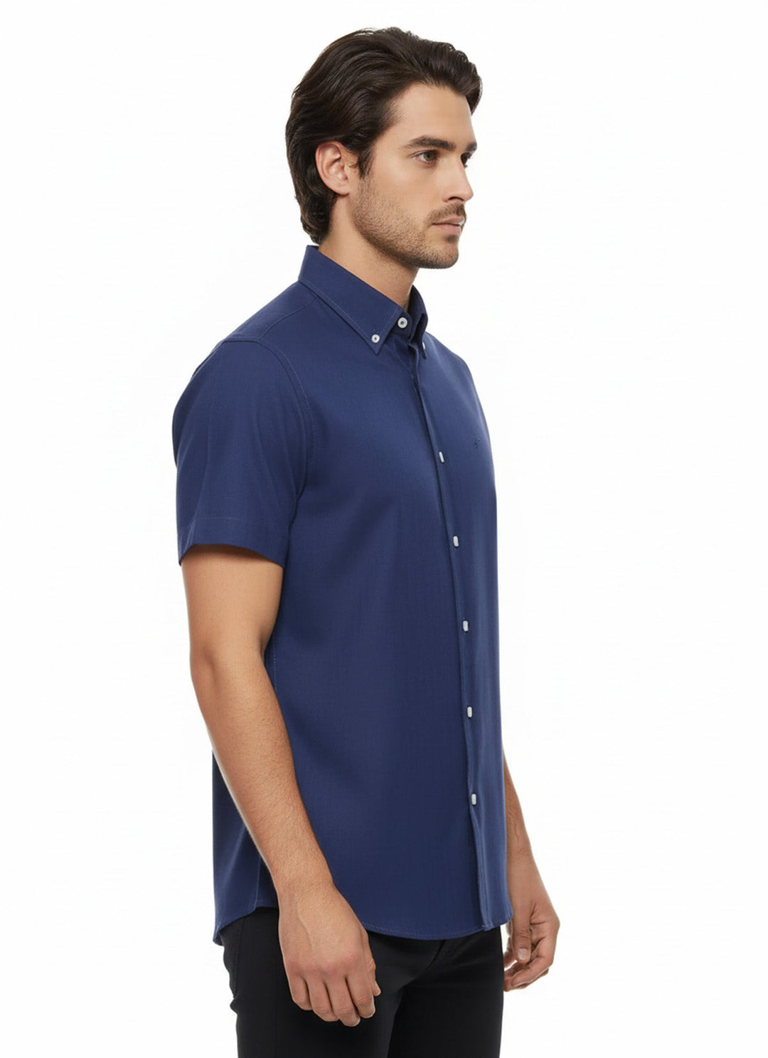 Linen Blend Short Sleeves Navy Blue Men Shirt - Wessi