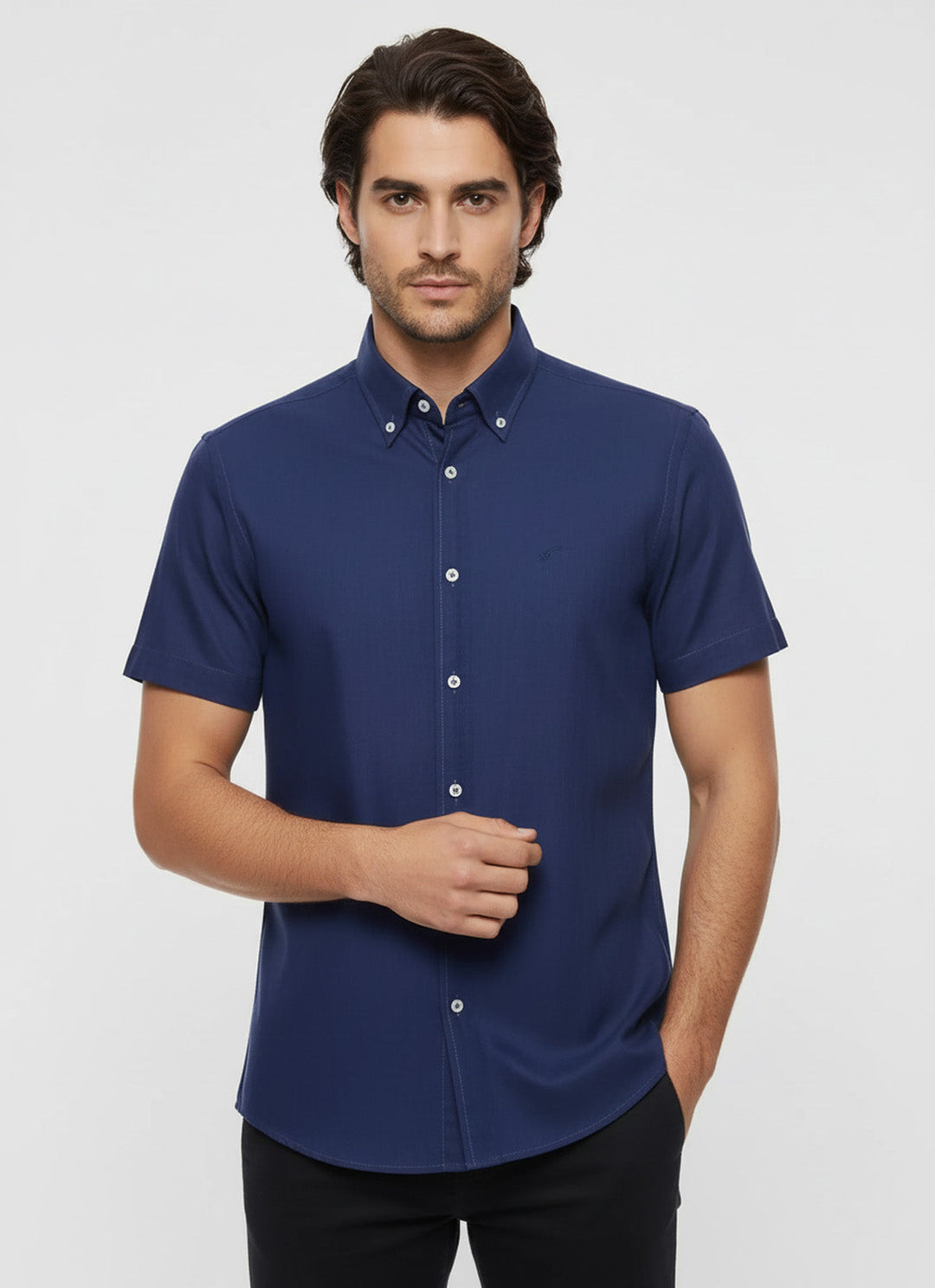 Linen Blend Short Sleeves Navy Blue Men Shirt - Wessi