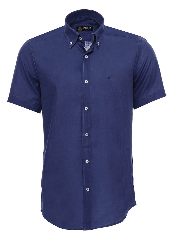 Linen Blend Short Sleeves Navy Blue Men Shirt - Wessi