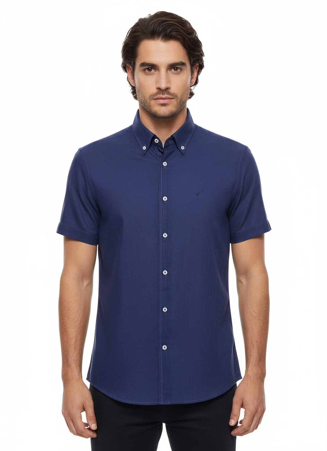Linen Blend Short Sleeves Navy Blue Men Shirt - Wessi