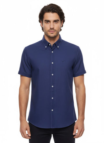 Camisa Hombre Mezcla Lino Manga Corta Azul Marino - Wessi