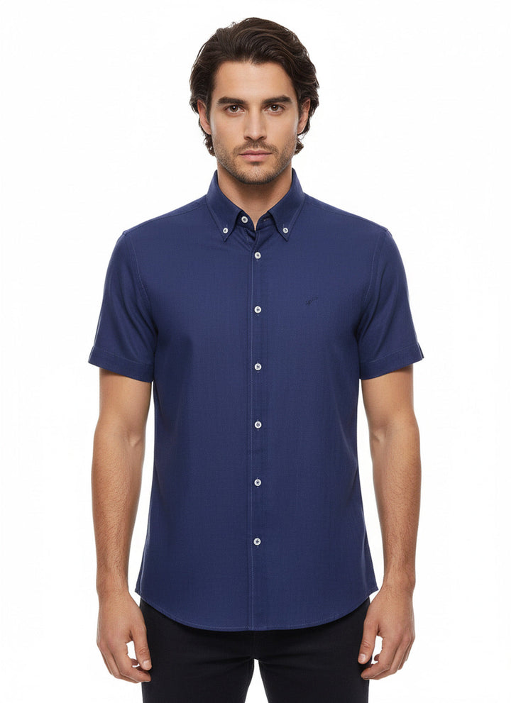 Linen Blend Short Sleeves Navy Blue Men Shirt - Wessi
