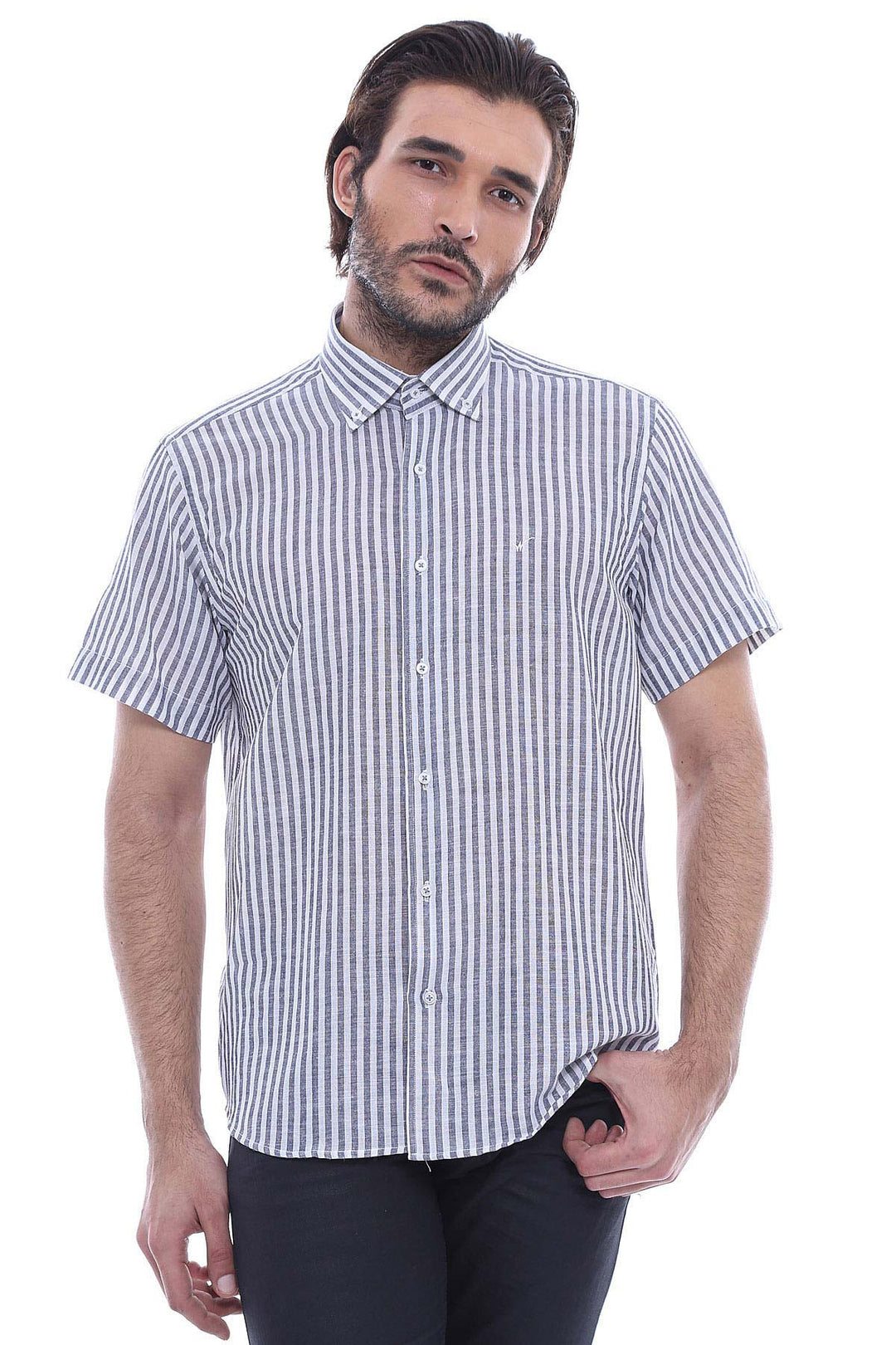 Regular Striped Short Sleeve White Shirt-Wessi