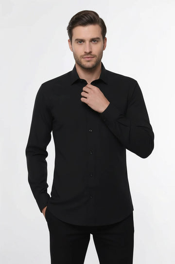 Camicia da uomo nera vestibilità regolare a maniche lunghe tinta unita - Wessi