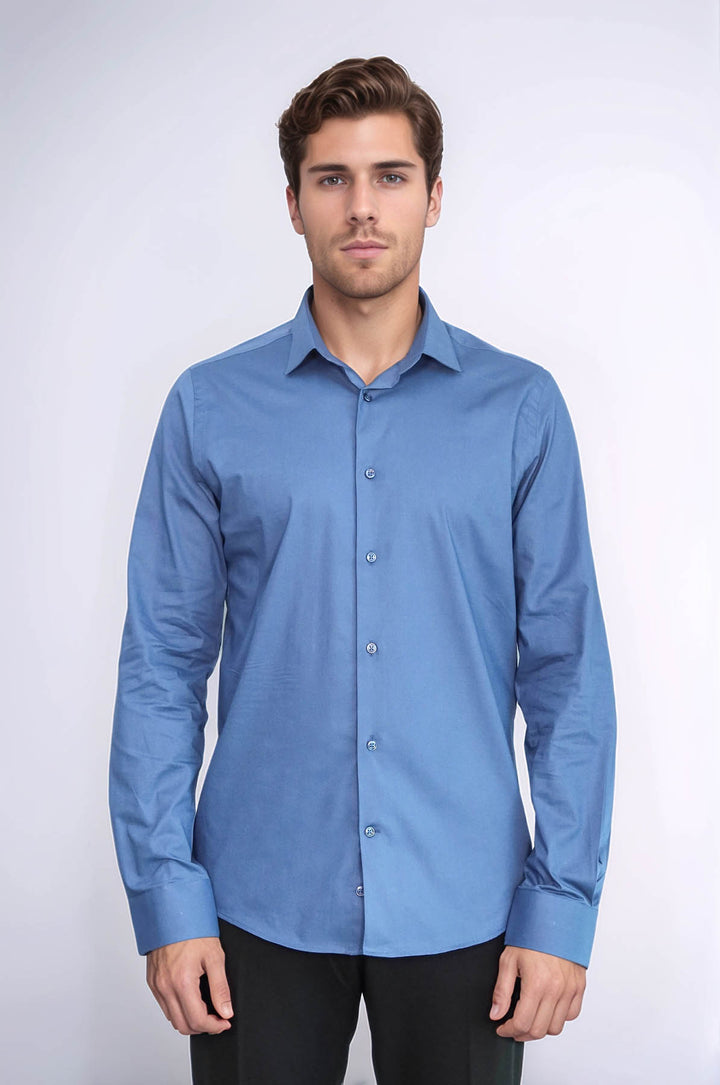 Camicia da uomo blu navy slim fit a maniche lunghe - Wessi