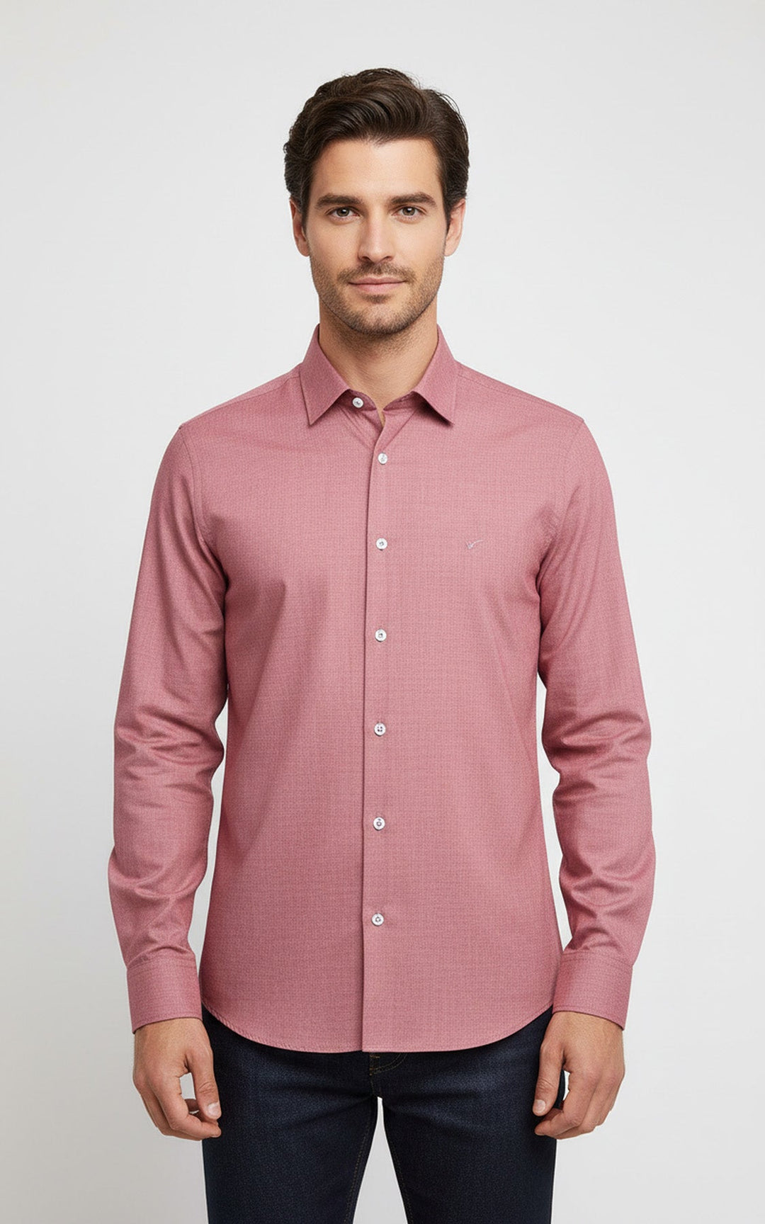 Camicia da uomo color salmone a maniche lunghe, vestibilità slim, tinta unita - Wessi