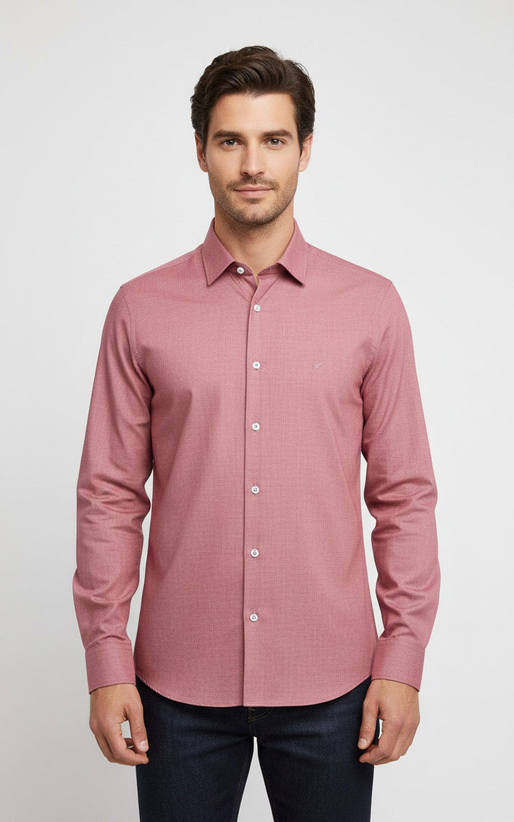 Camicia da uomo color salmone a maniche lunghe, vestibilità slim, tinta unita - Wessi