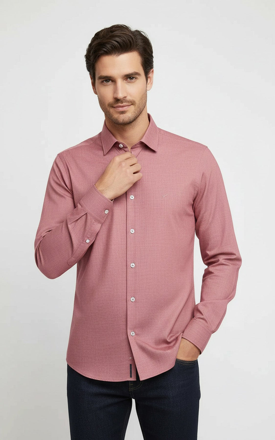 Camicia da uomo color salmone a maniche lunghe, vestibilità slim, tinta unita - Wessi