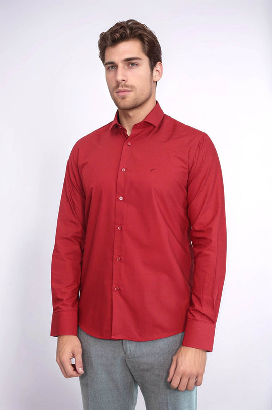 قميص رجالي أحمر داكن بقصة ضيقة - ويسي