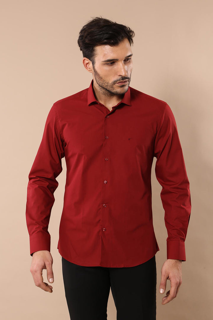 Plain Slim Fit Claret Red Men Shirt - Wessi
