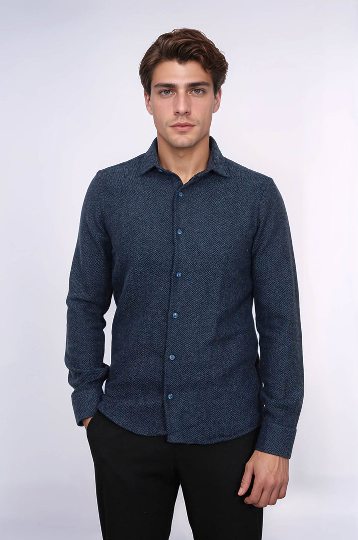 Winter Navy Blue Patterned Men's Lumberjack Shirt - Wessi