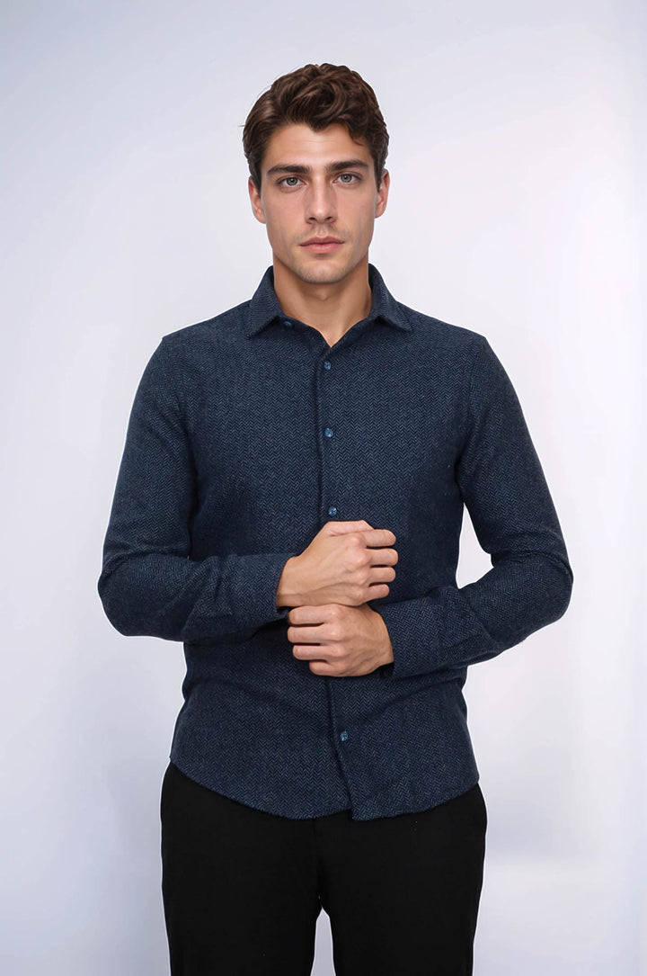 Winter Navy Blue Patterned Men's Lumberjack Shirt - Wessi